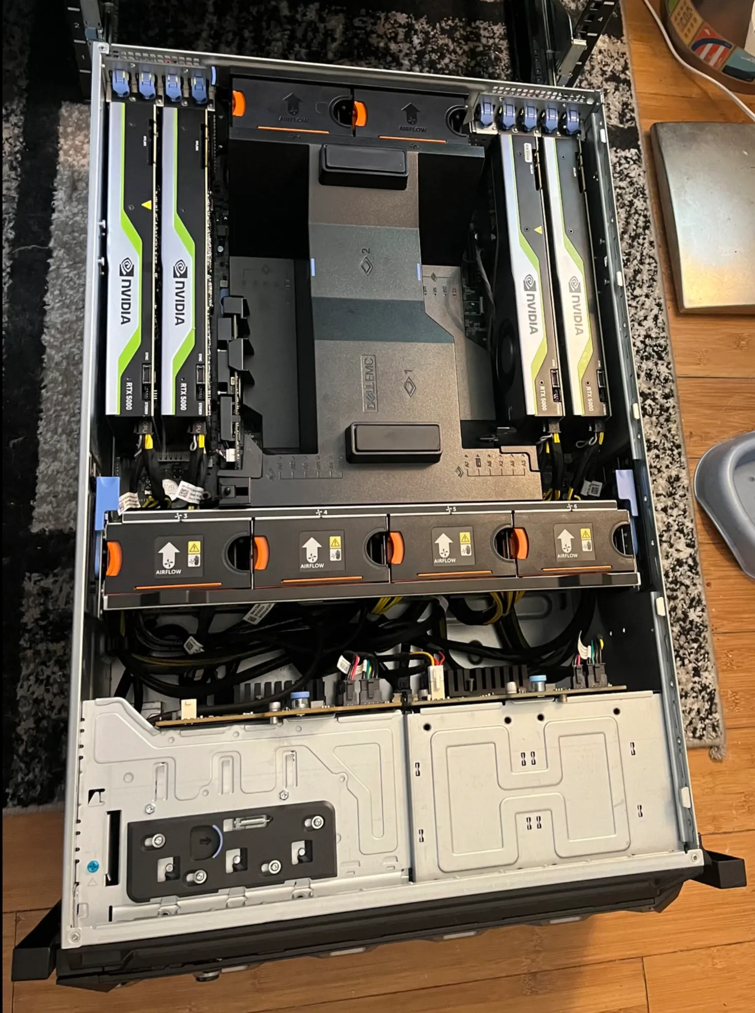 Trogdor opened up: a Dell PowerEdge server with four NVIDIA Quadro RTX 5000 cards